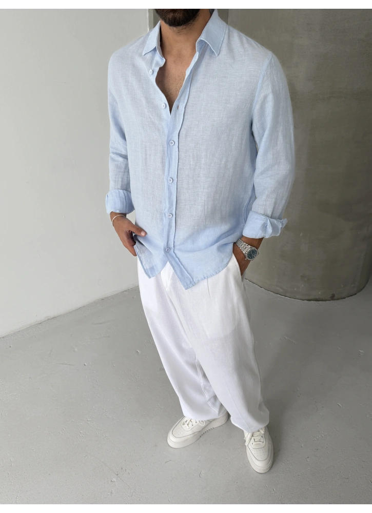 Bebe Mavi Premium %100 Keten Gömlek