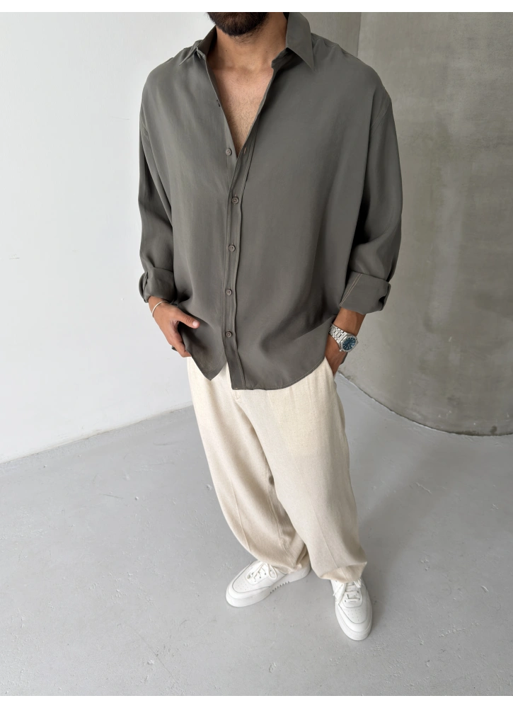 Haki Premium Modal Kumaş Oversize Gömlek