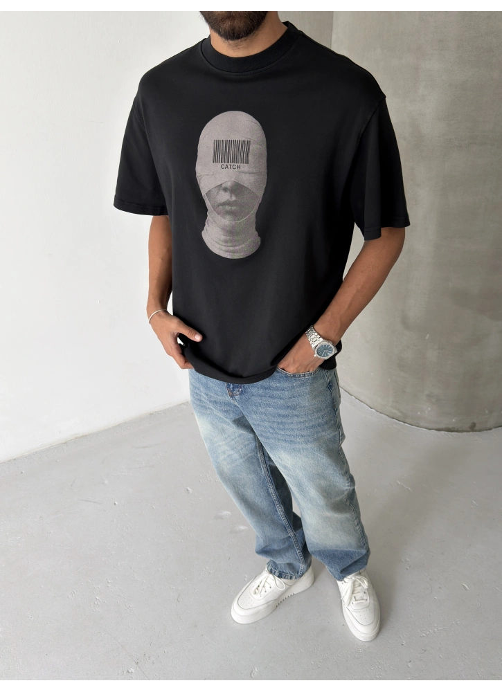 Siyah Mumya Baskılı Oversize T-shirt