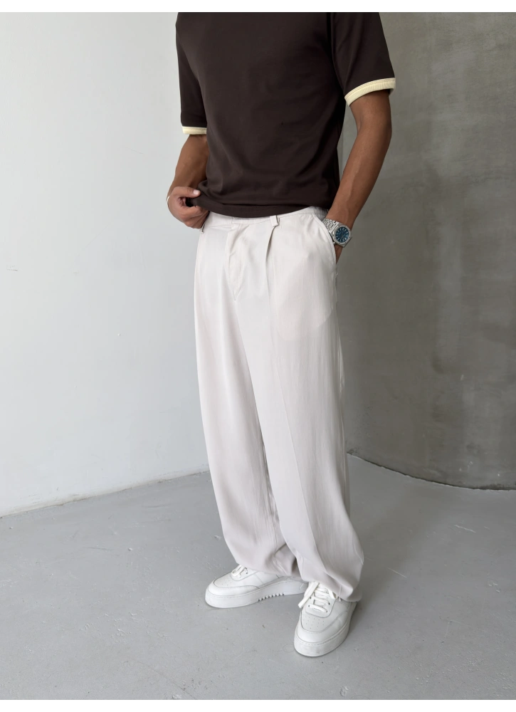 Krem Premium Pileli Bol Kalıp Kumaş Baggy