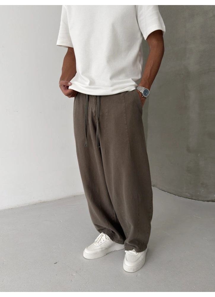 Kahve Yıkamalı Pileli Süper Baggy