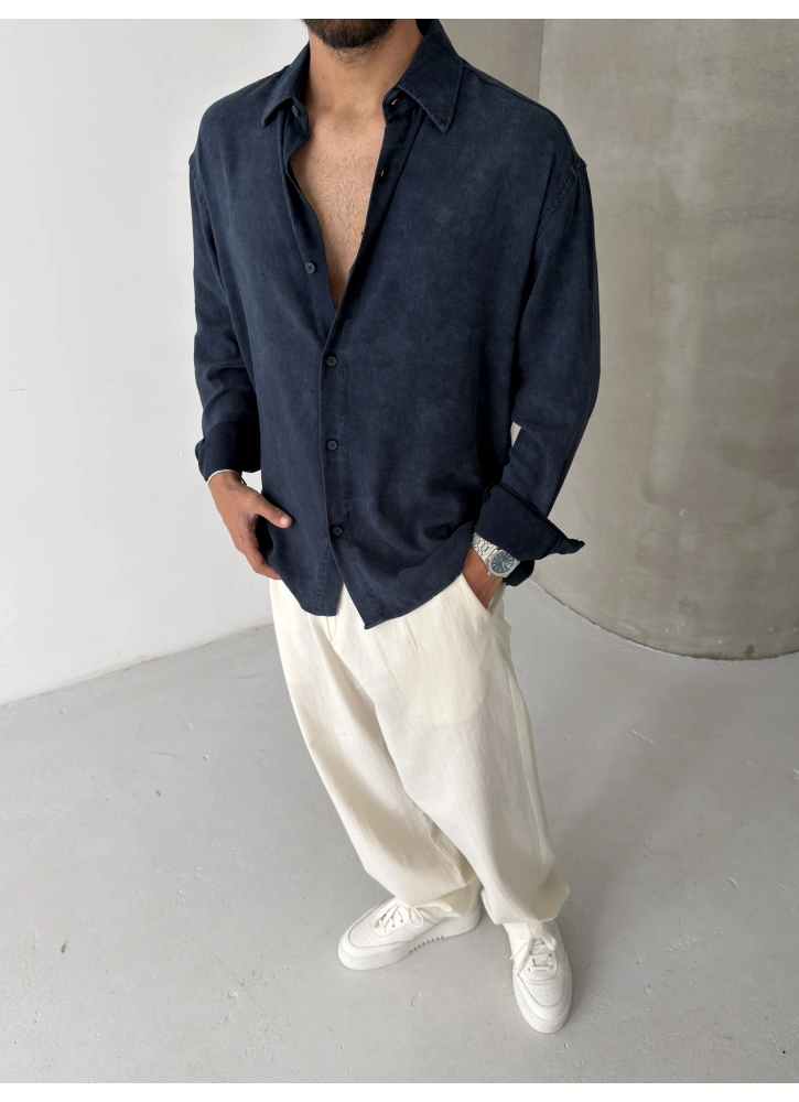 Lacivert Yıkamalı Oversize Viskon Gömlek