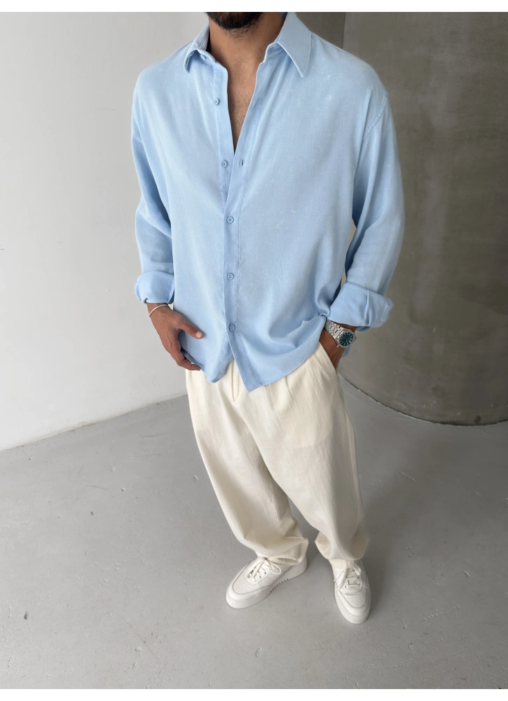 Bebe Mavi Yıkamalı Oversize Viskon Gömlek