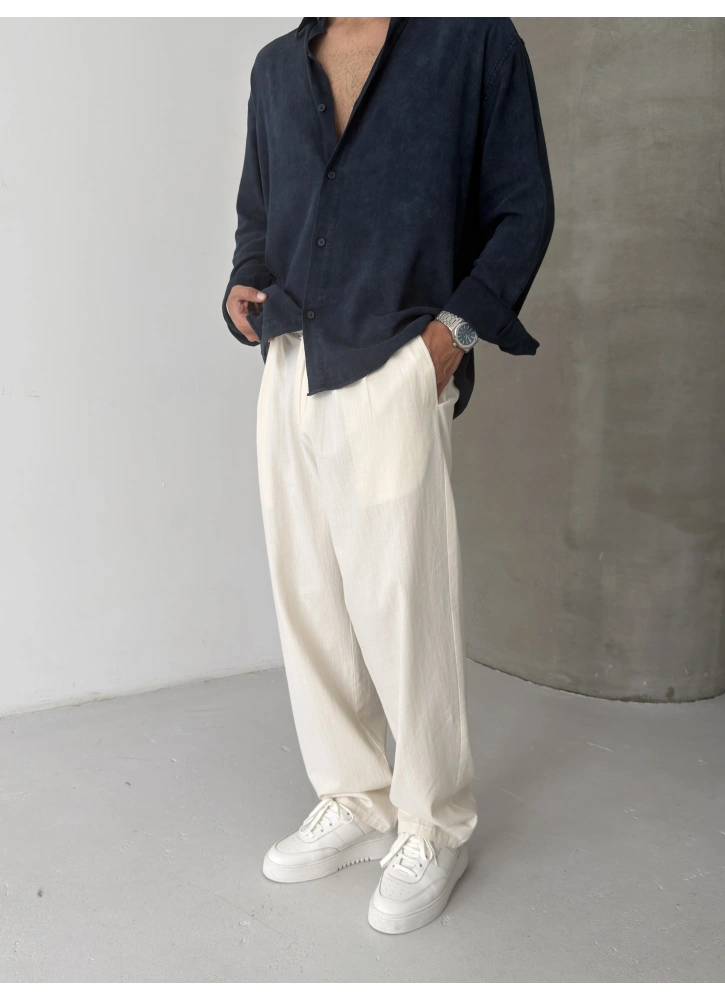 Krem Premium Linen Kumaş Bol Kalıp Baggy