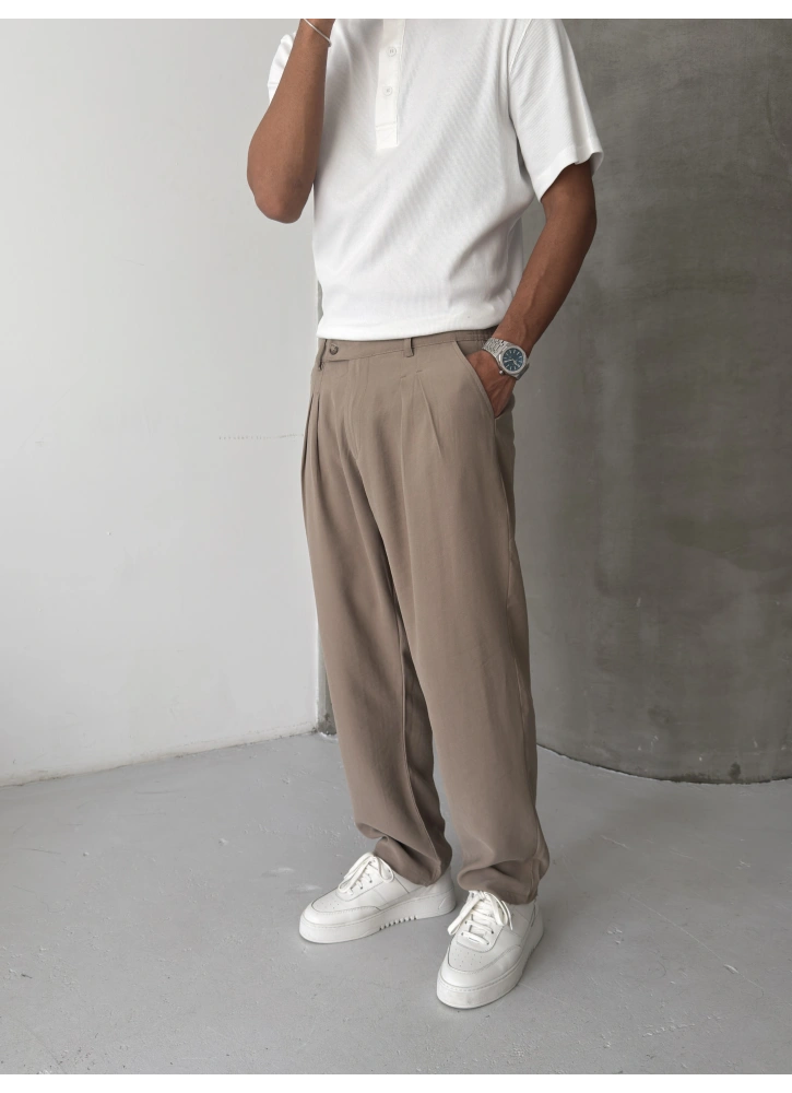 Sütlü Kahve Retro Tensel Pileli Baggy