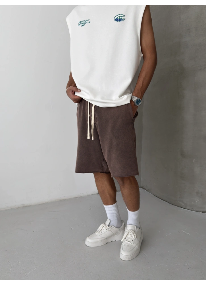 Kahve Yıkamalı Bol Kalıp Şort