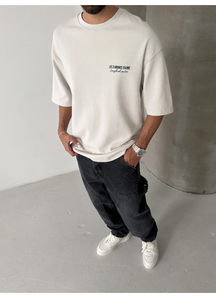 Ice Gri Baskılı Yıkamalı Oversize T-Shirt