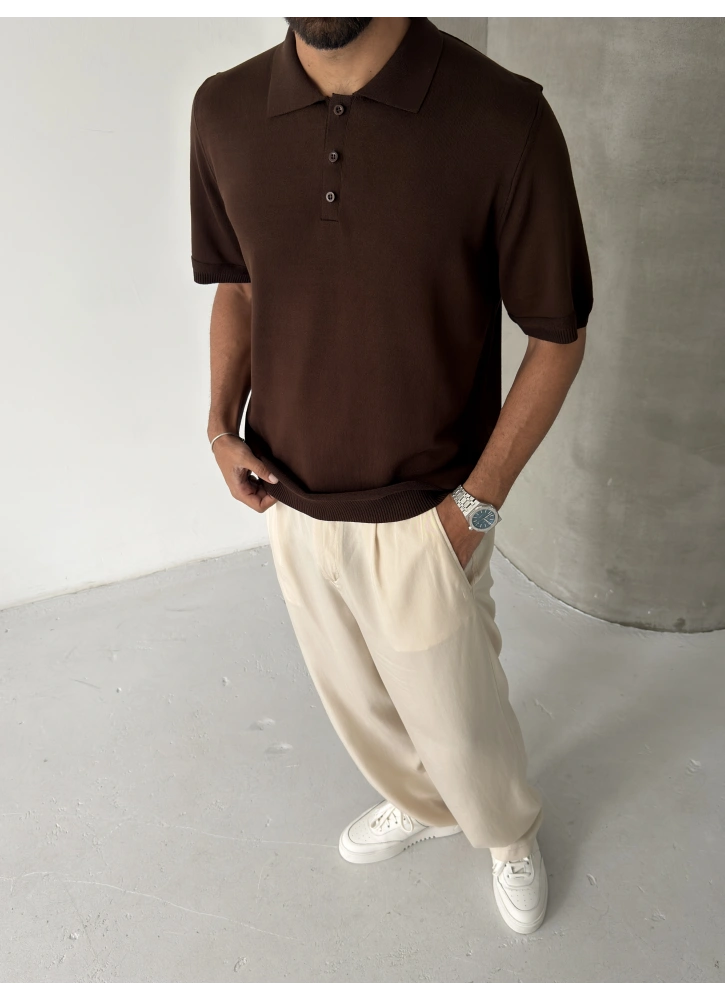 Kahve Polo Yaka İnce Triko T-shirt