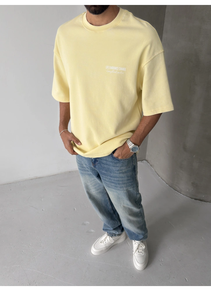 Sarı Baskılı Yıkamalı Oversize T-shirt
