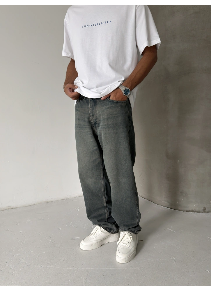 Koyu Yeşil Eskitme Baggy Jean