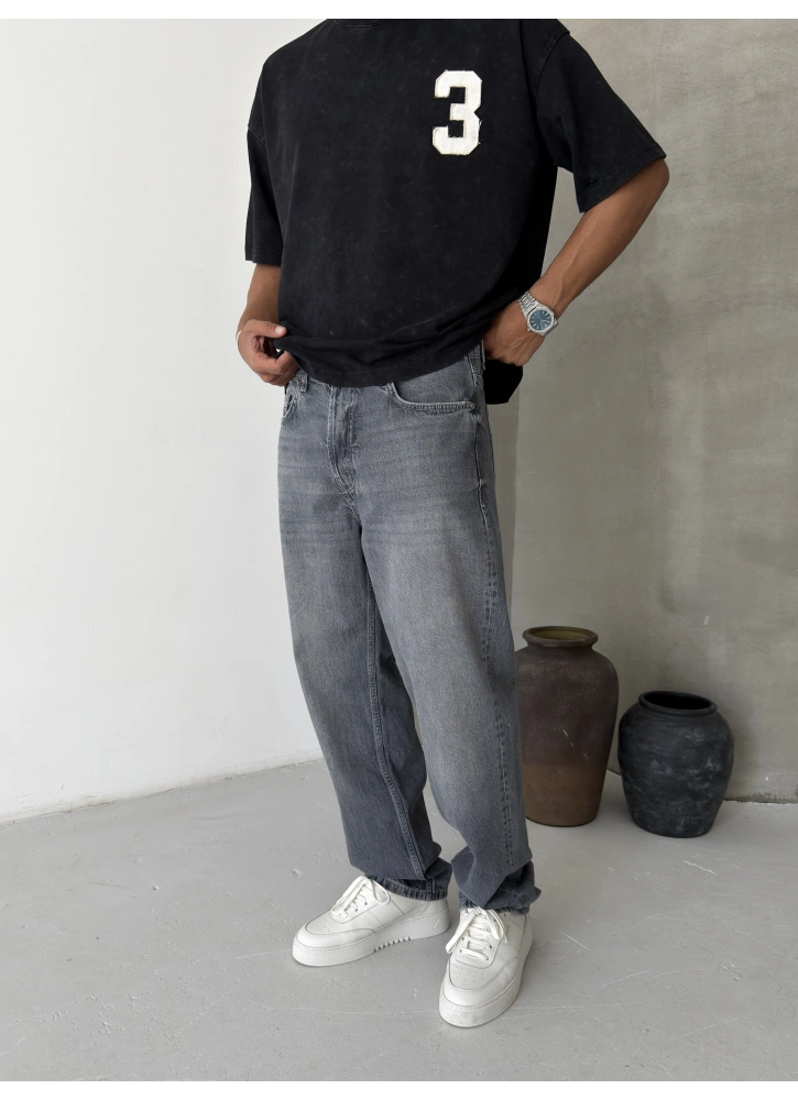 Gri Premium Yıkamalı Baggy Jean