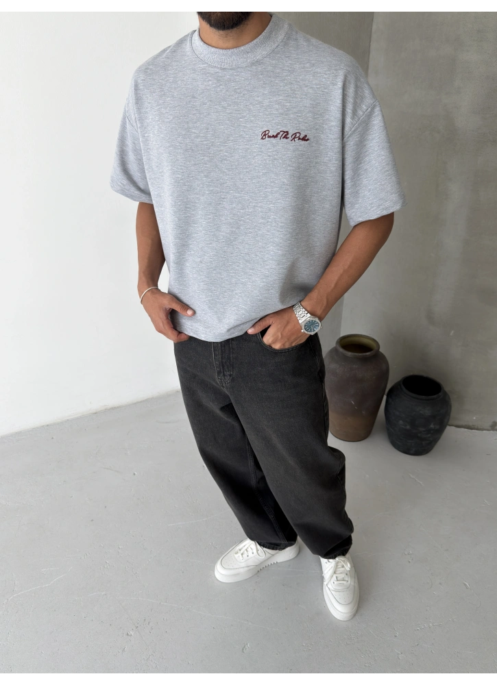 Gri Melange Boxy Fit İşlemeli T-shirt