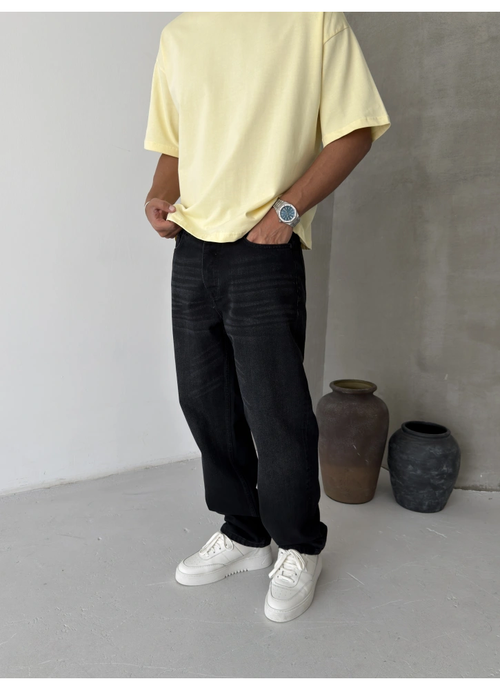 Siyah Yıkama Efektli Premium Baggy Jean