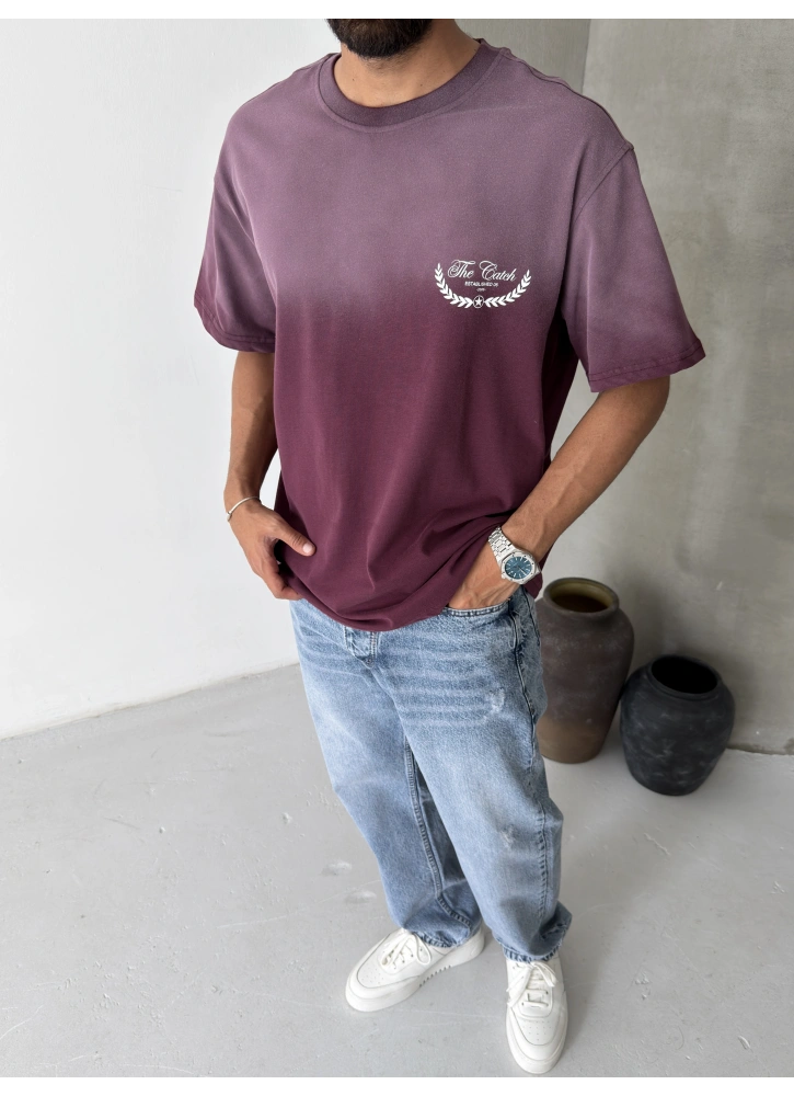 Bordo Yıkamalı Baskılı Oversize T-shirt