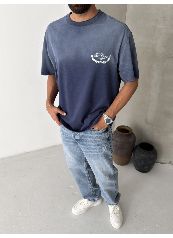 Lacivert Yıkamalı Baskılı Oversize T-shirt