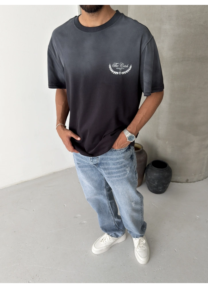 Siyah Yıkamalı Baskılı Oversize T-shirt