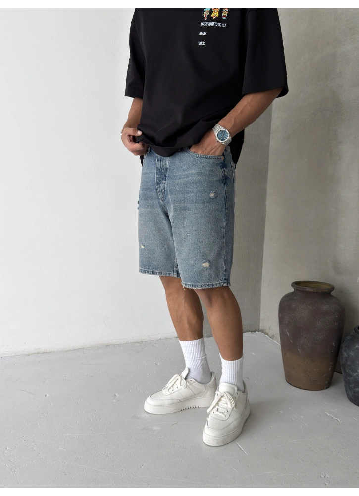 Mavi Yırtık Denim Bol Kalıp Şort
