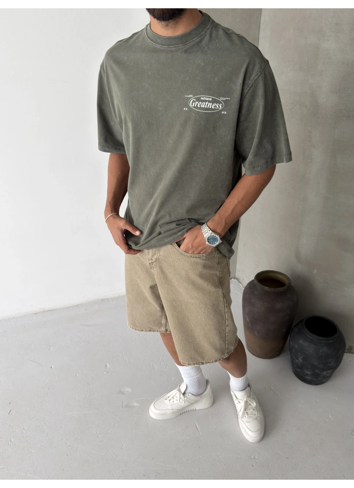 Haki Yıkamalı Greatness Oversize T-shirt