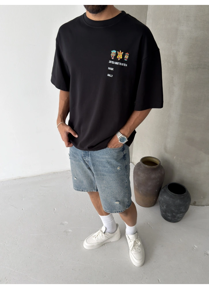 Siyah Mask Baskılı Oversize T-shirt