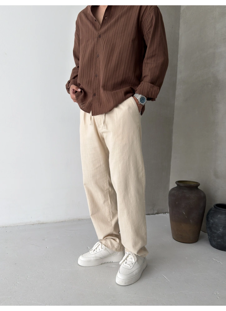 Krem Pileli Regular Keten Baggy