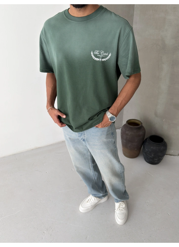 Haki Yıkamalı Baskılı Oversize T-shirt