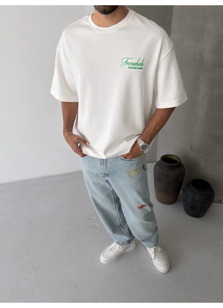 Beyaz Freeu Baskılı Oversize T-shirt