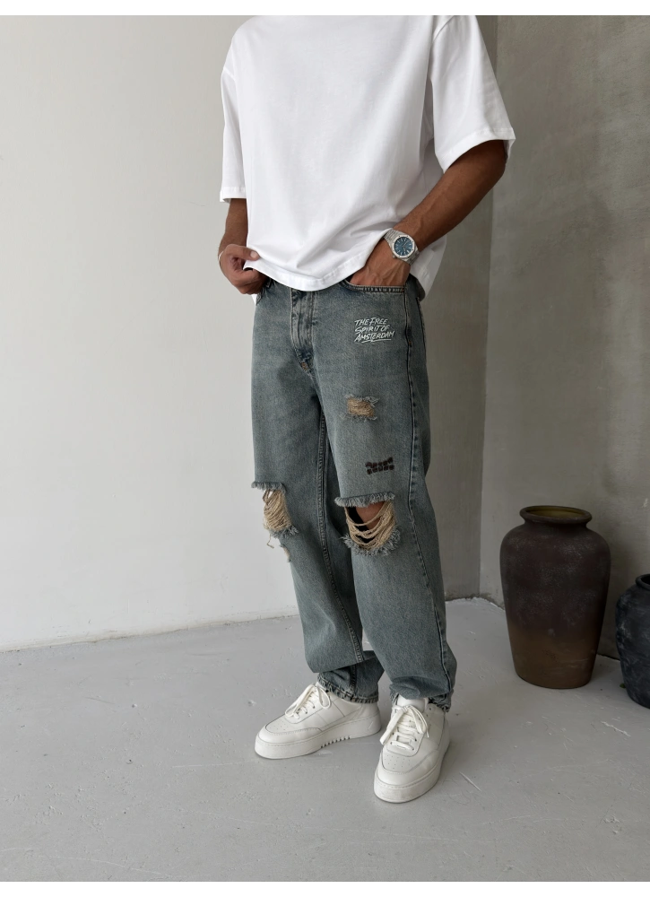 Eskitme Mavi Yırtık Cebi Nakışlı Baggy Jean