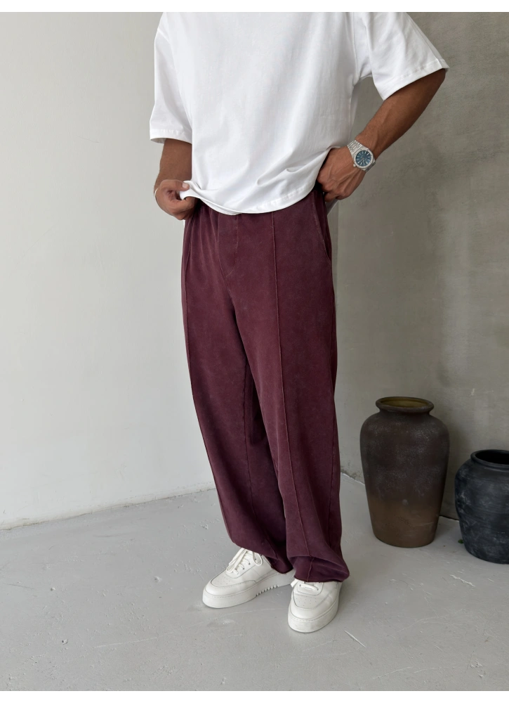 Bordo Yıkamalı Şerit Detay Baggy Eşofman