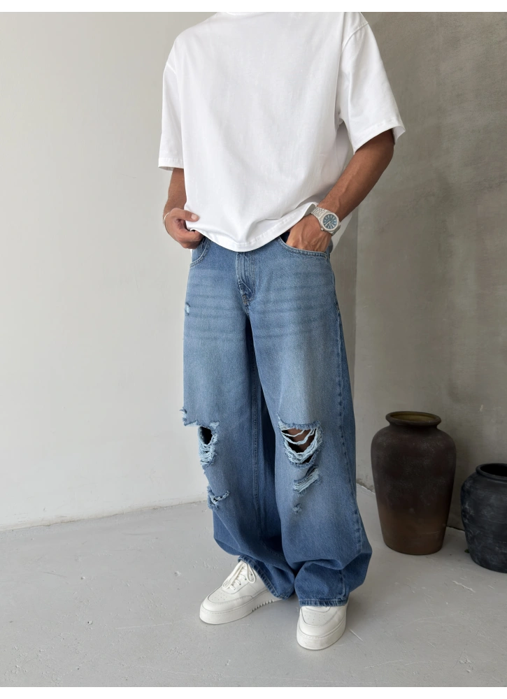 Mavi Yırtık Süper Baggy Jean