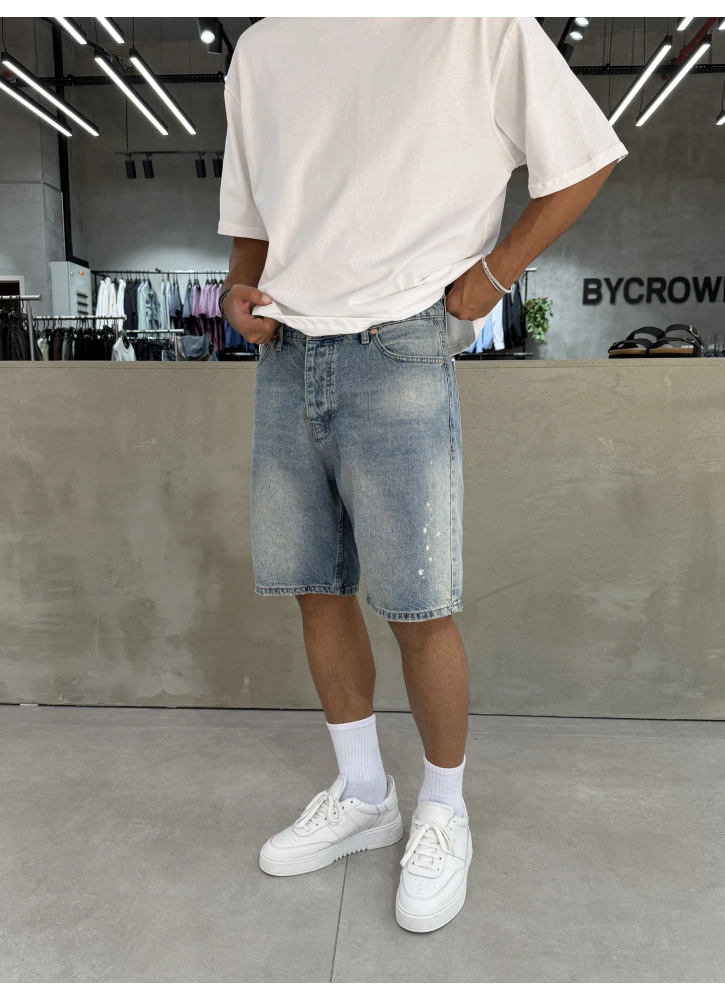 Mavi Boyalı Yıkamalı Denim Şort