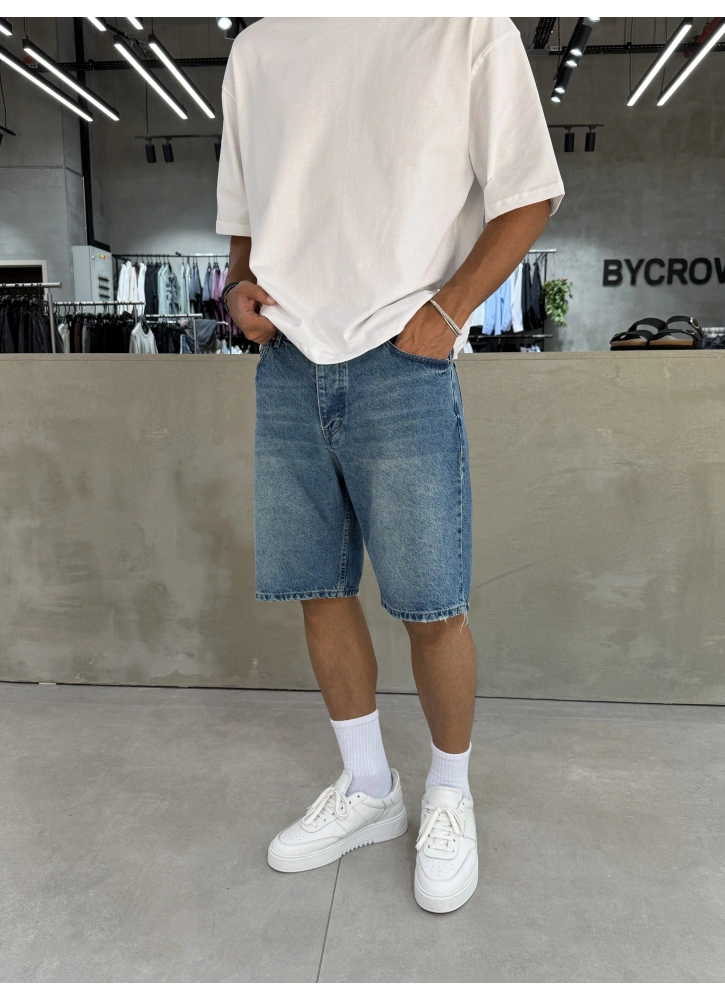 Mavi Yıkamalı Denim Şort