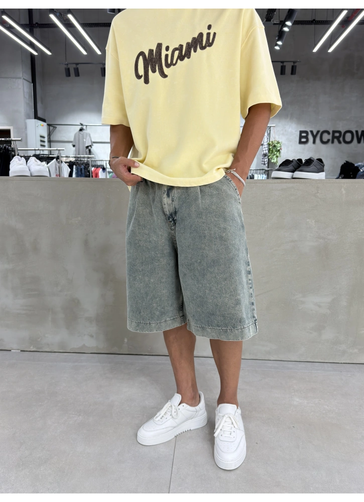 Eskitme Mavi Pileli Denim Baggy Şort