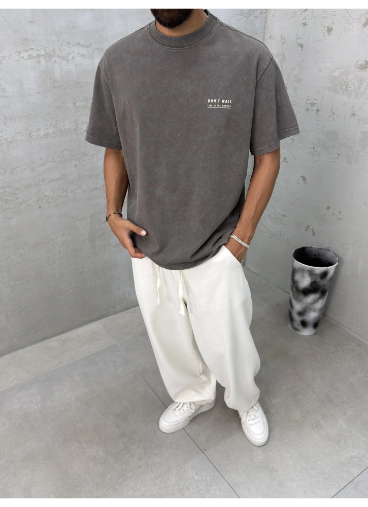 Kahve Yıkamalı Wait Baskılı Oversize T-Shirt