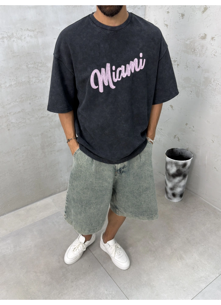 Siyah Yıkamalı Miami Oversize T-Shirt