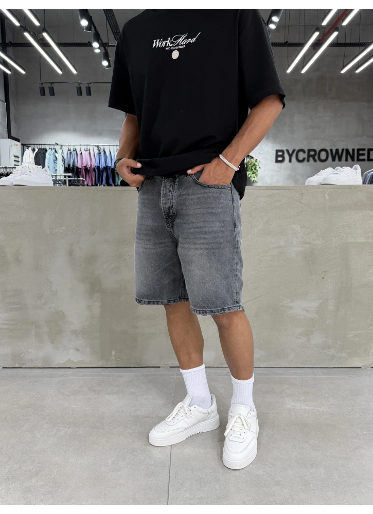 Antrasit Yıkamalı Effect Denim Şort