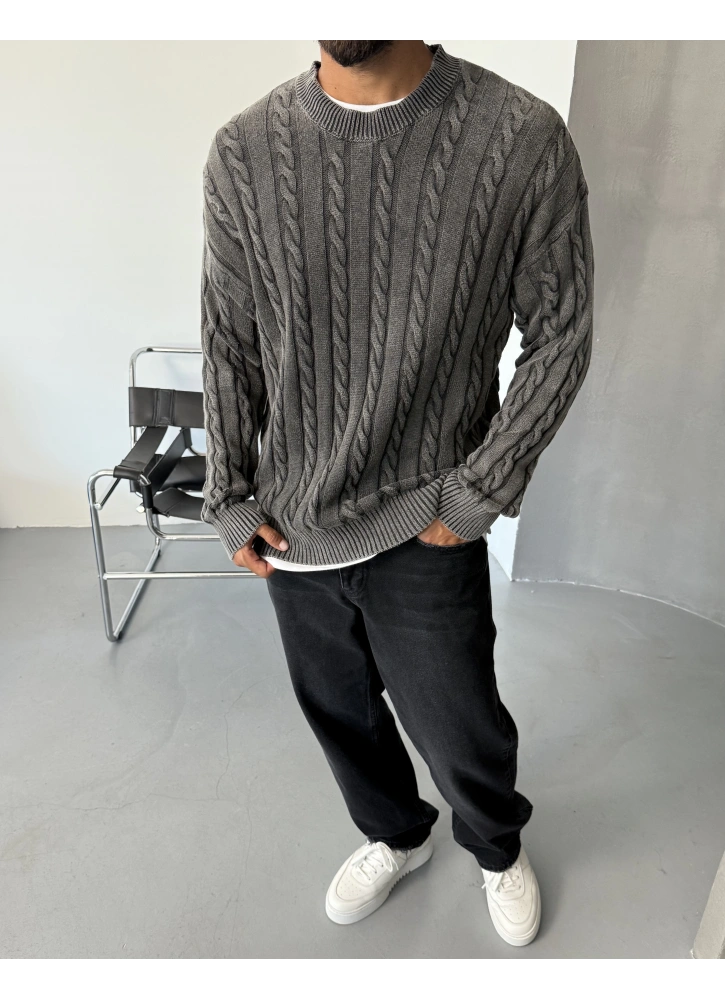 Antrasit Yıkamalı Örme Triko Kazak