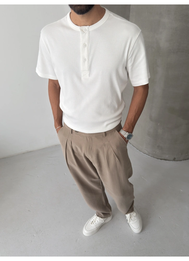 Beyaz Basic Fitilli Regular T-shirt