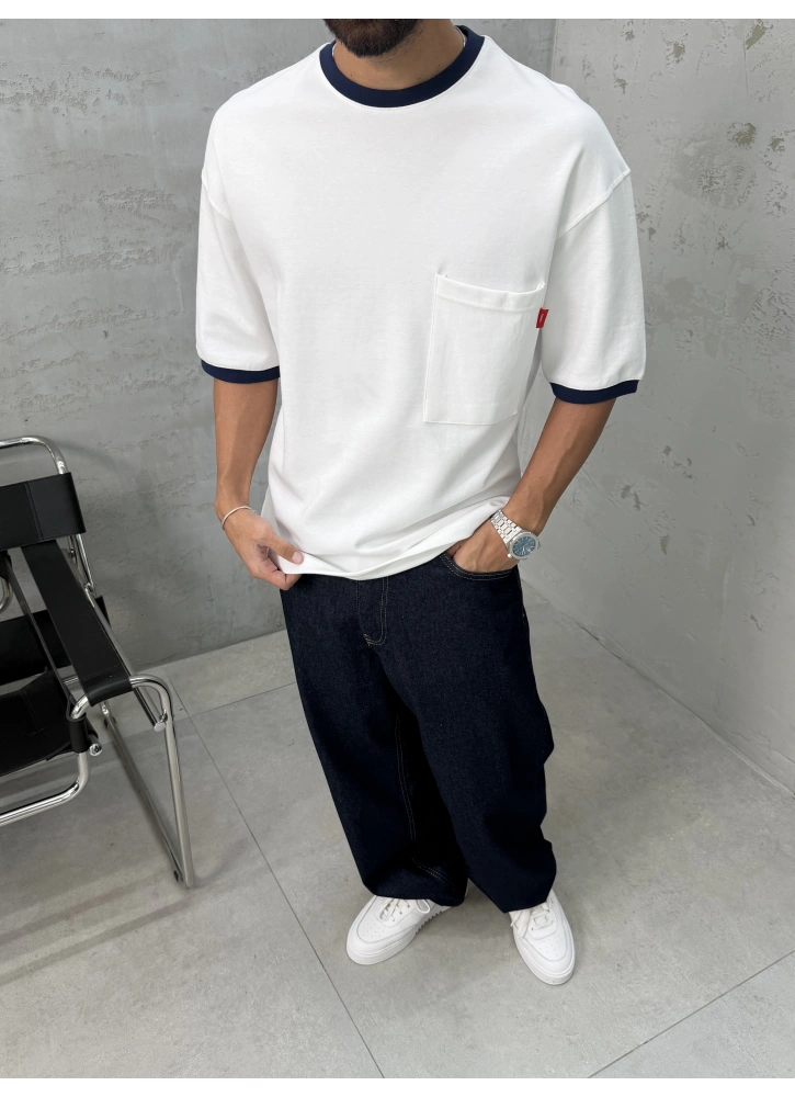 Beyaz Cep Detay Oversize T-shirt