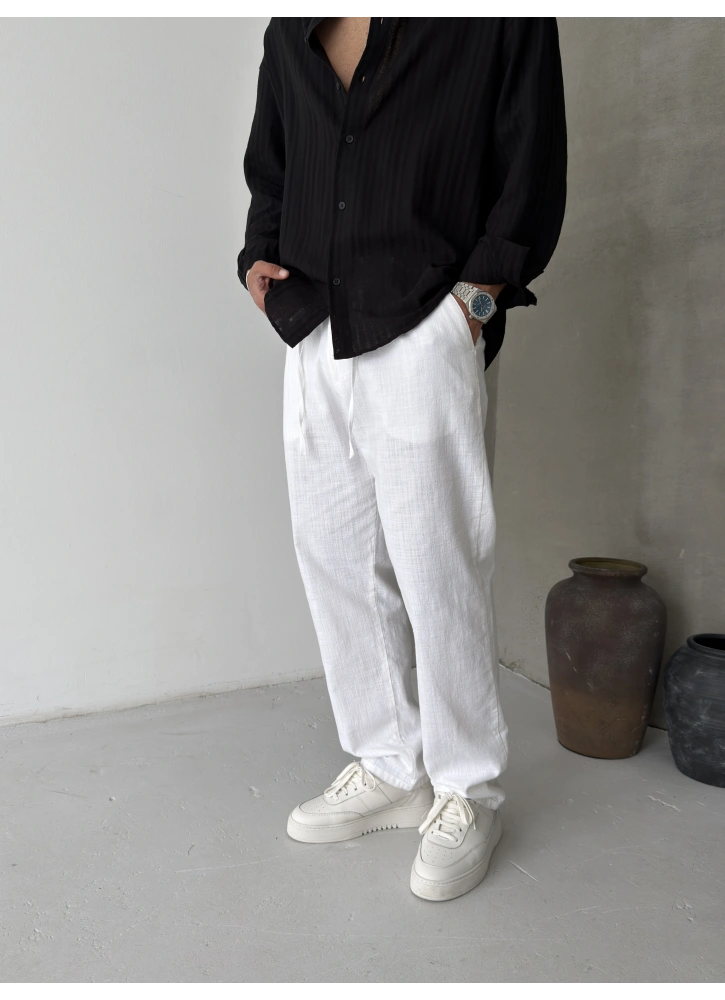 Beyaz Pileli Regular Keten Baggy