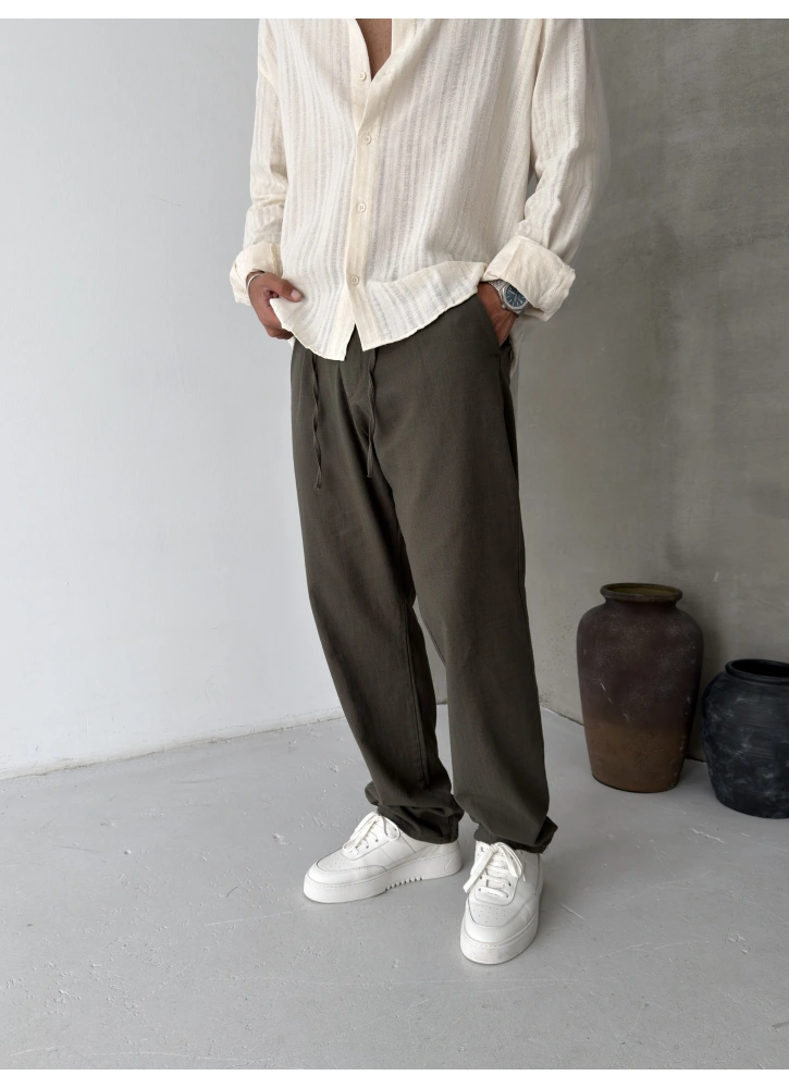 Haki Pileli Regular Keten Baggy