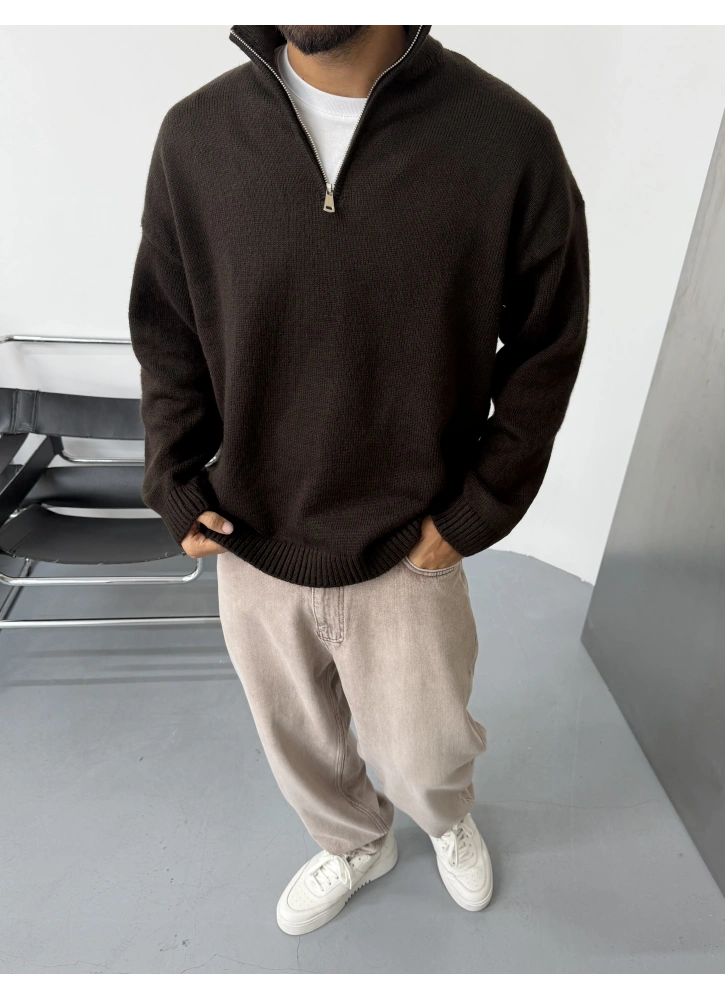 Kahve Premium Yarım Fermuar Kazak