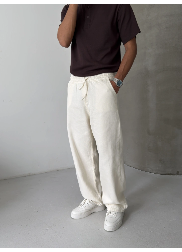 Krem Gabardin Ekstra Bol Baggy Pantolon