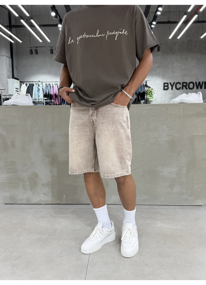 Krem Yıkamalı Effect Denim Şort