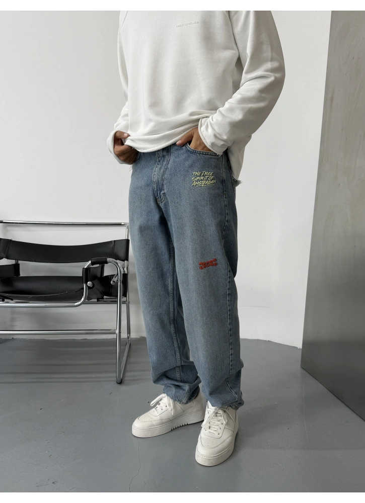 Mavi Cebi Nakışlı Baggy Jean