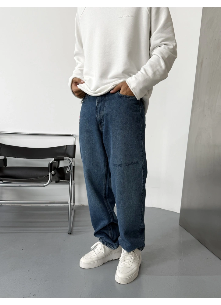 Mavi Premium İşlemeli Bol Kalıp Baggy Jean