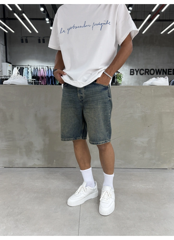 Mavi Yıkamalı Effect Denim Şort