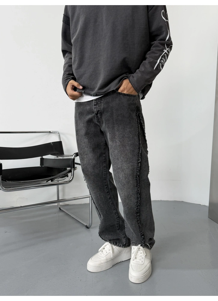 Şerit Detaylı Siyah Denim Pantolon