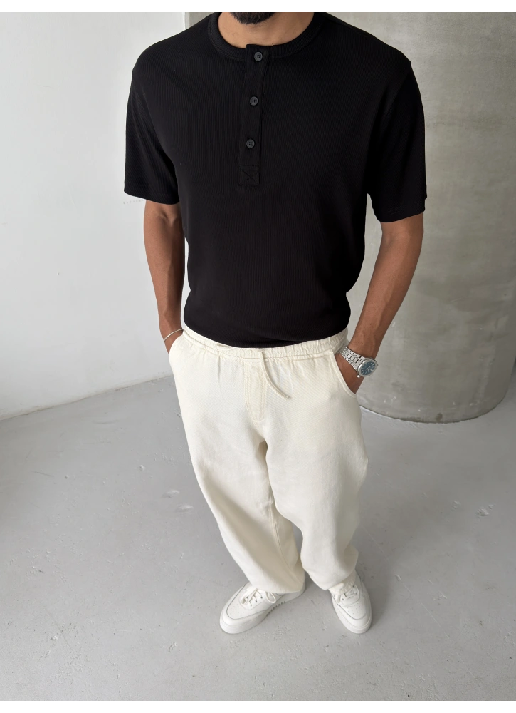 Siyah Basic Fitilli Regular T-shirt