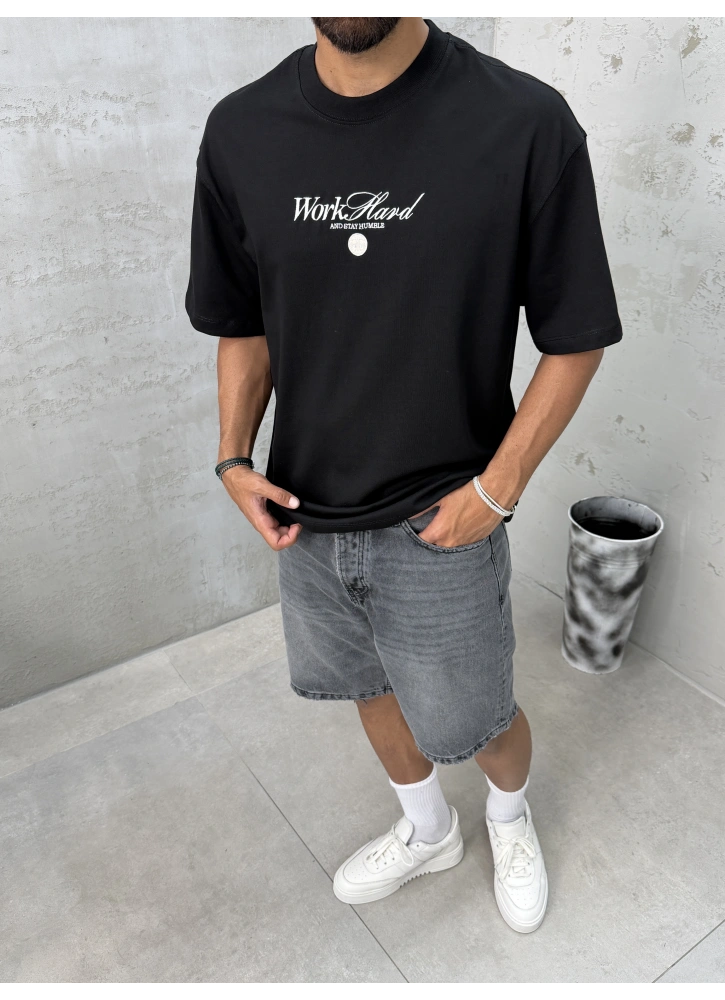 Siyah Old Money Baskılı Oversize T-shirt