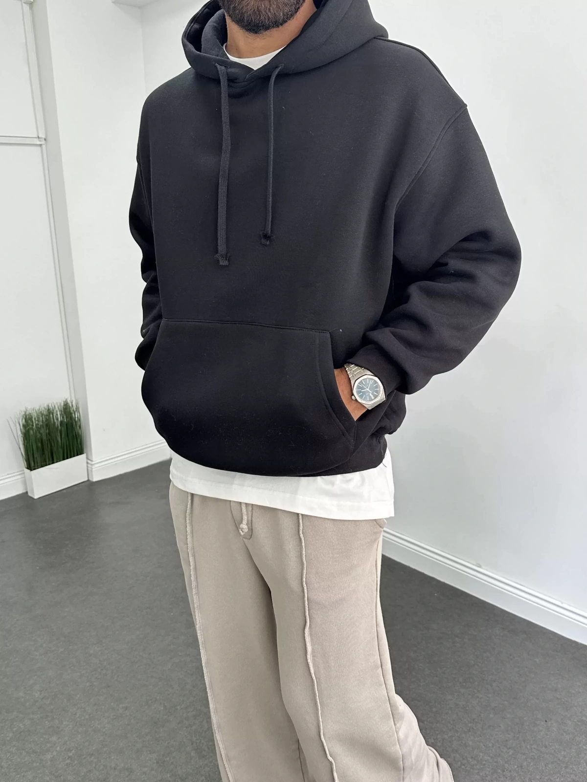 Siyah Oversize Basic Kapişonlu Sweat